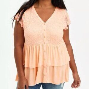 torrid Peach super soft vneck lace bodice babydoll top size 1x